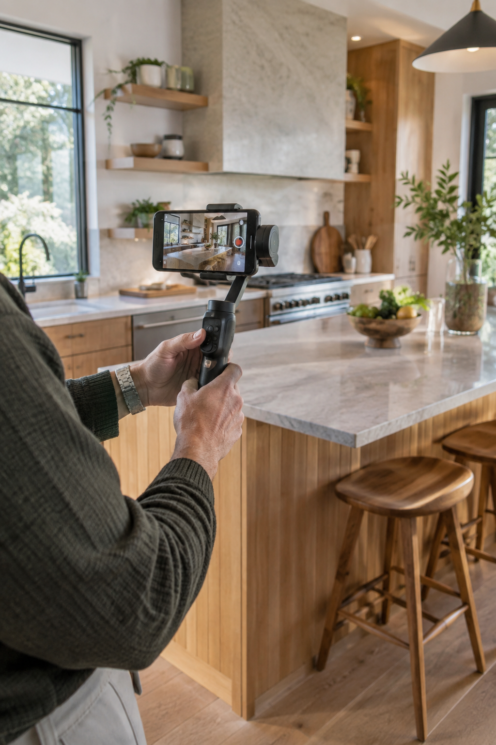 Hands filming a finished kitchen with a smartphone camera